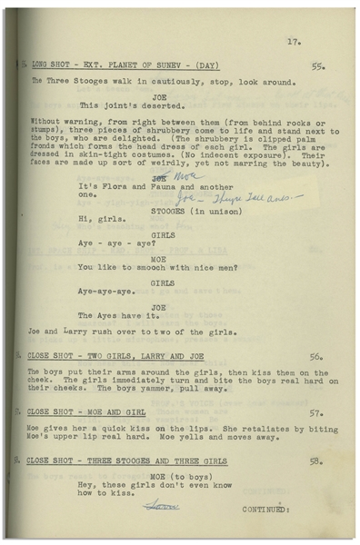 Moe Howard's 24pp. Script Dated August 1956 for The Three Stooges Film ''Space Ship Sappy'' -- With Moe's Annotations & Signatures & Additional 12pp. Script Changes, Shot List & Schedule -- Very Good